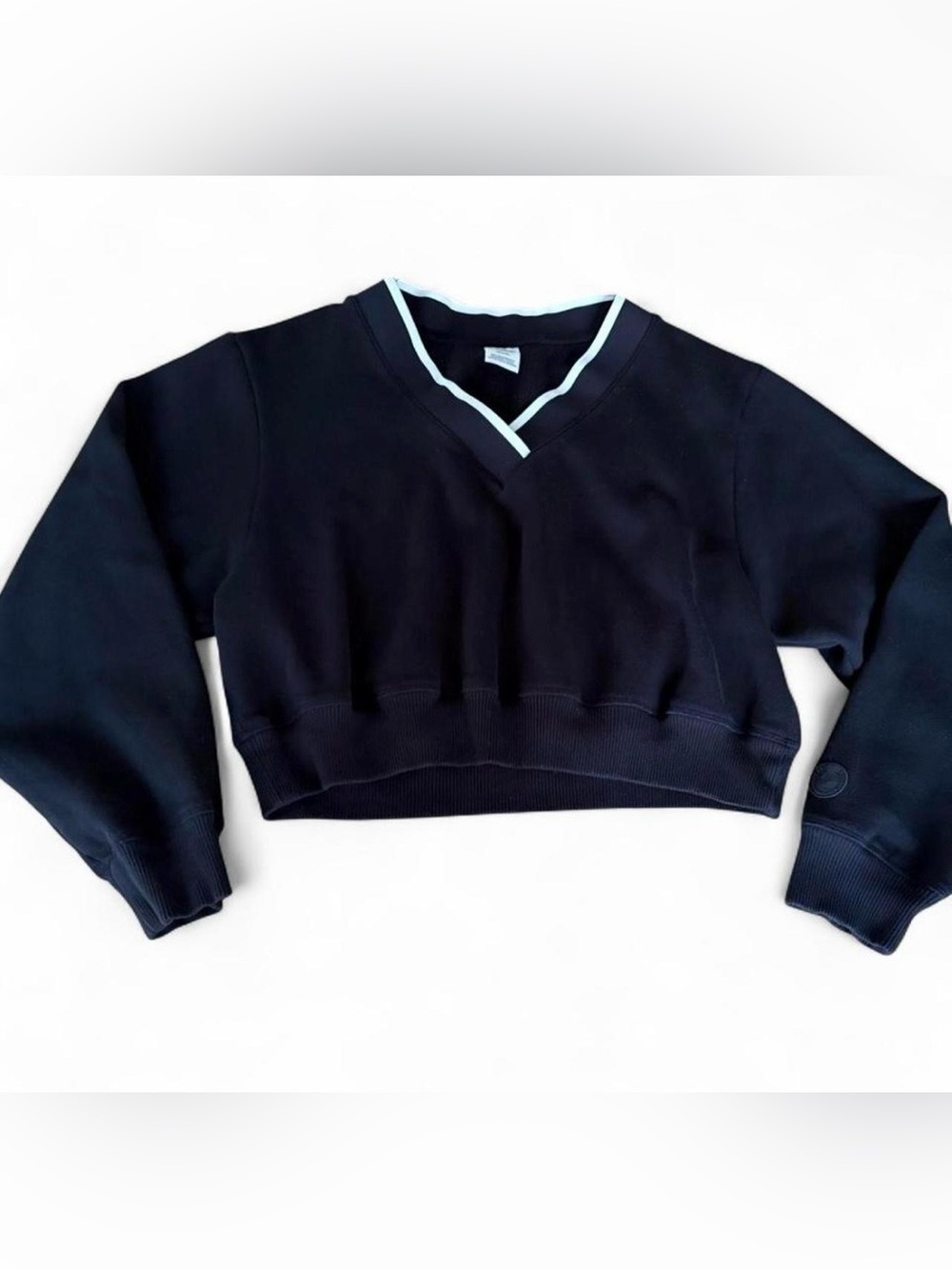 Cropped Black V-Neck Sweatshirt with white Trim